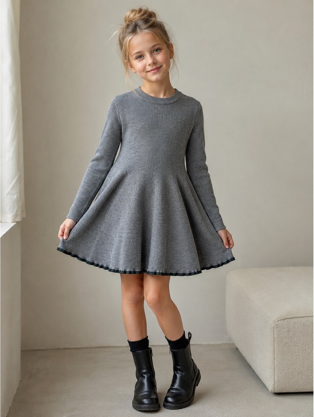 JNBY by JNBY Girls Gray Wool Blend Knit Fit & Flare Dress Size 140/64 NWT